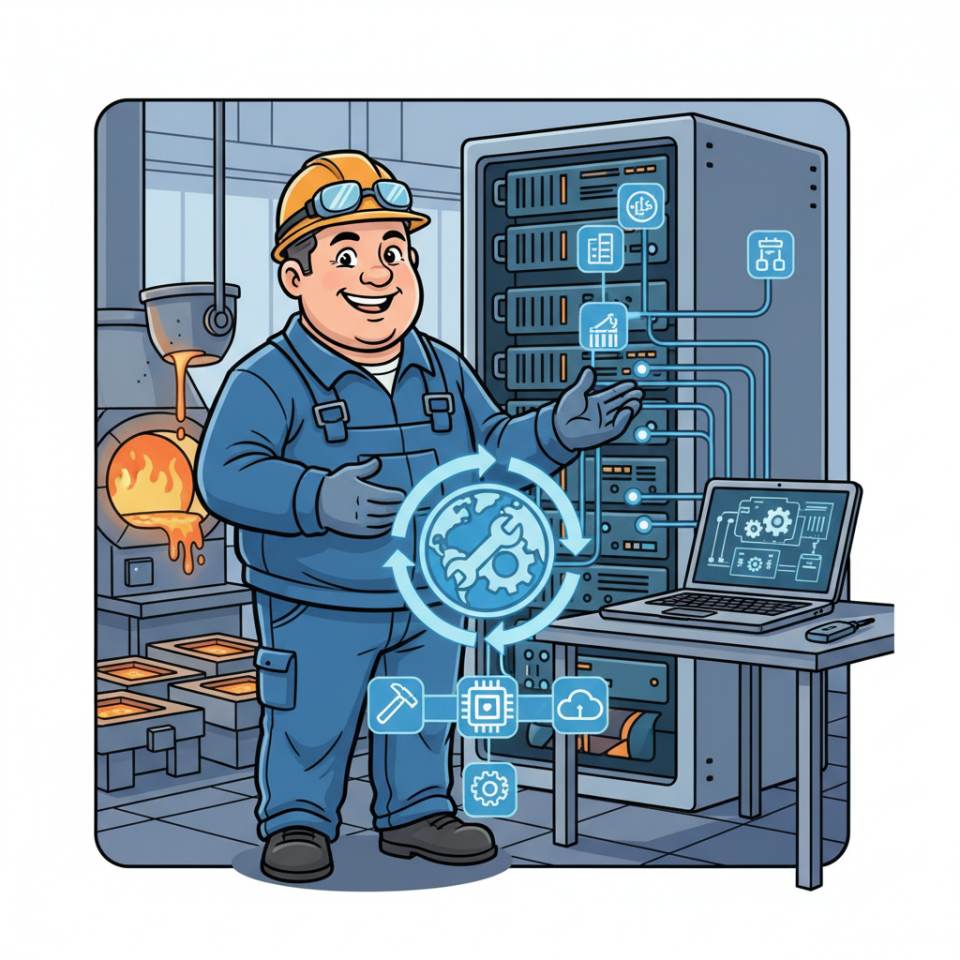 Comic-Darstellung eines Gießereimechanikers mit Schutzhelm und Hitzeanzug vor einer Gießanlage mit flüssigem Metall