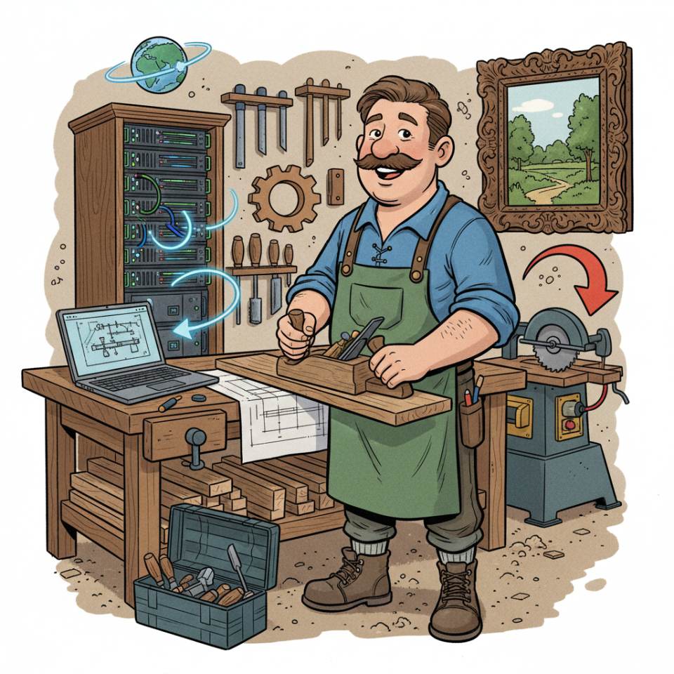 Comic-Darstellung eines Tischlers mit Hobel und Maßband an einer Holzwerkbank in der Werkstatt