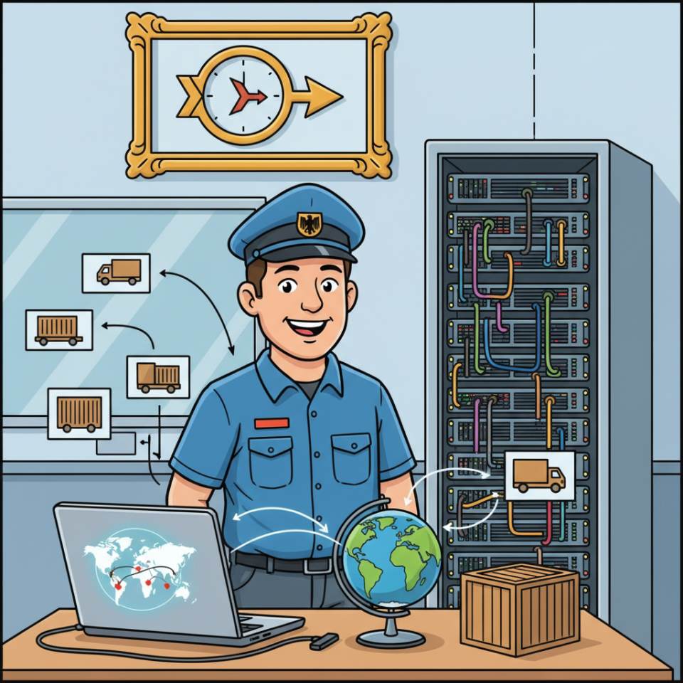 Comic illustration of a driver with a truck and road map in front of a country road