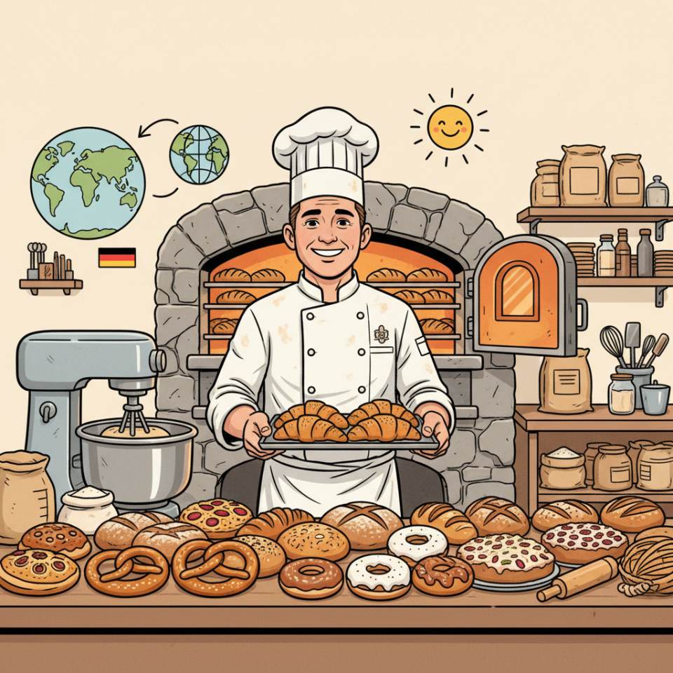 Ilustración cómic de un panadero con delantal de harina junto al horno con panes frescos y piezas de masa en el obrador