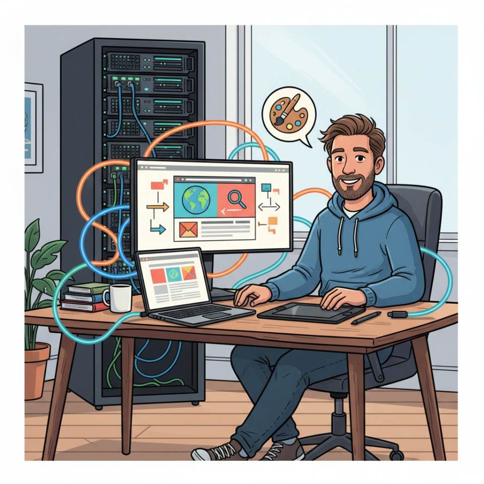 Ilustración tipo cómic de un diseñador gráfico en su puesto con tableta gráfica, paletas de color y borradores de maquetas