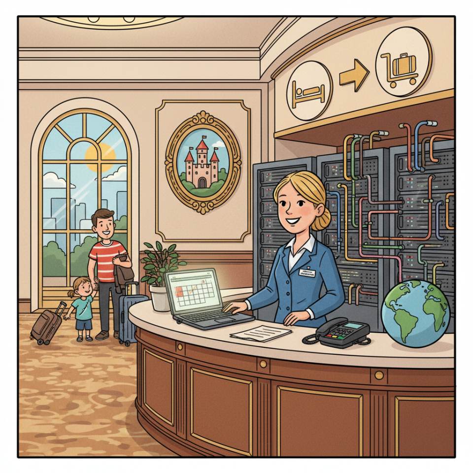 Ilustración cómic de un profesional hotelero en recepción con tarjeta llave, lista de huéspedes y vestíbulo del hotel al fondo