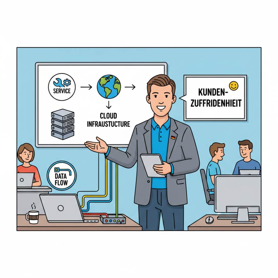 Ilustración cómic de un Service Manager con auriculares, panel, tablero de tickets y equipo de servicio en una oficina abierta