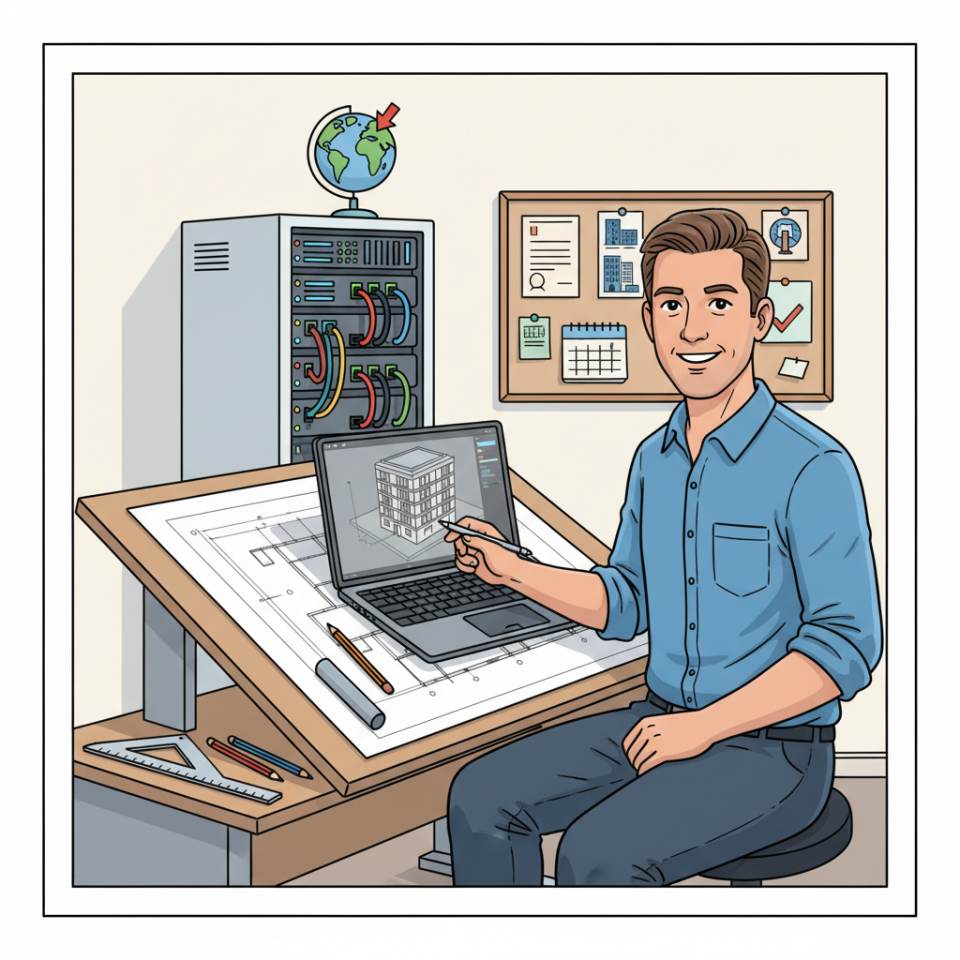 Комикс-изображение строительного чертёжника за CAD-рабочим местом со строительными чертежами и планами